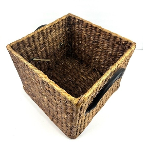 Square Brown Wicker Basket with Leather Handles 10.5” x 8.5” - Picture 1 of 9